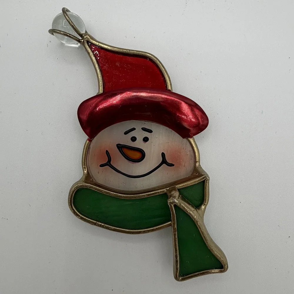 VTG Stained Glass Snowman Christmas Ornament Holiday Decor Red Hat Green Scarf‎